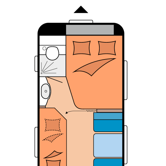 Grundrissplan eines Wohnwagens mit Bug Markierung